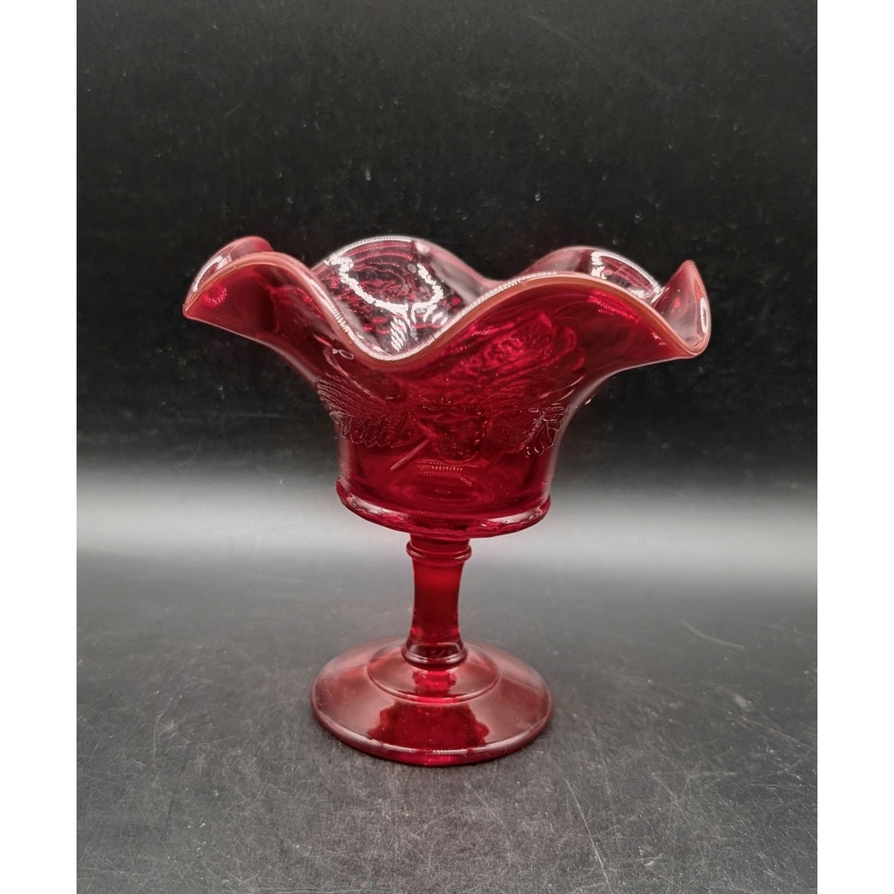 Ruby Red Glass Compote Ruffled Rim Grapevine Pattern Pedestal Candy Dish‎